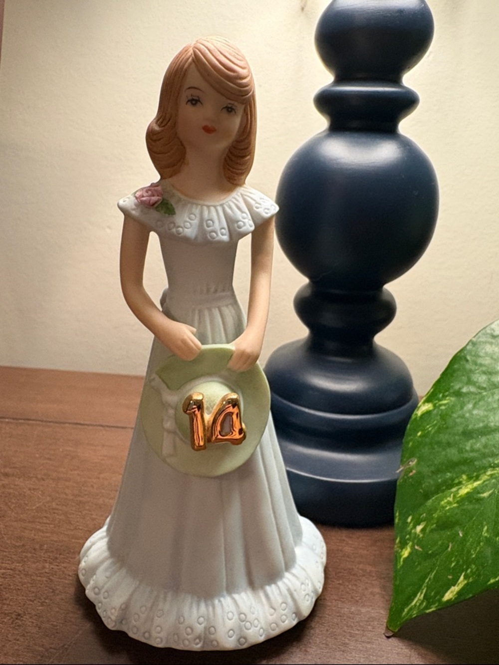 Growing Up Porcelain Girl Figurine Holding '14' Hat - White & Pastel Green